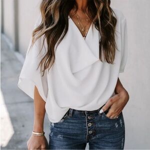 VICI White Draped Cowl Neck Dolman Sleeve Top Flowy Boho Blouse Size L